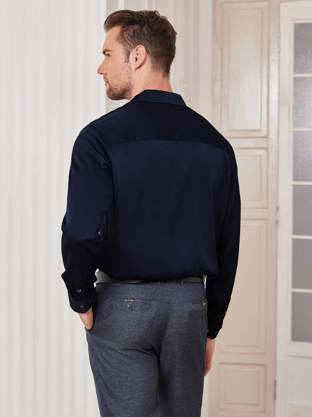 [Mörkblå] SilkSilky-SE Silke Krage Herrskjorta 004