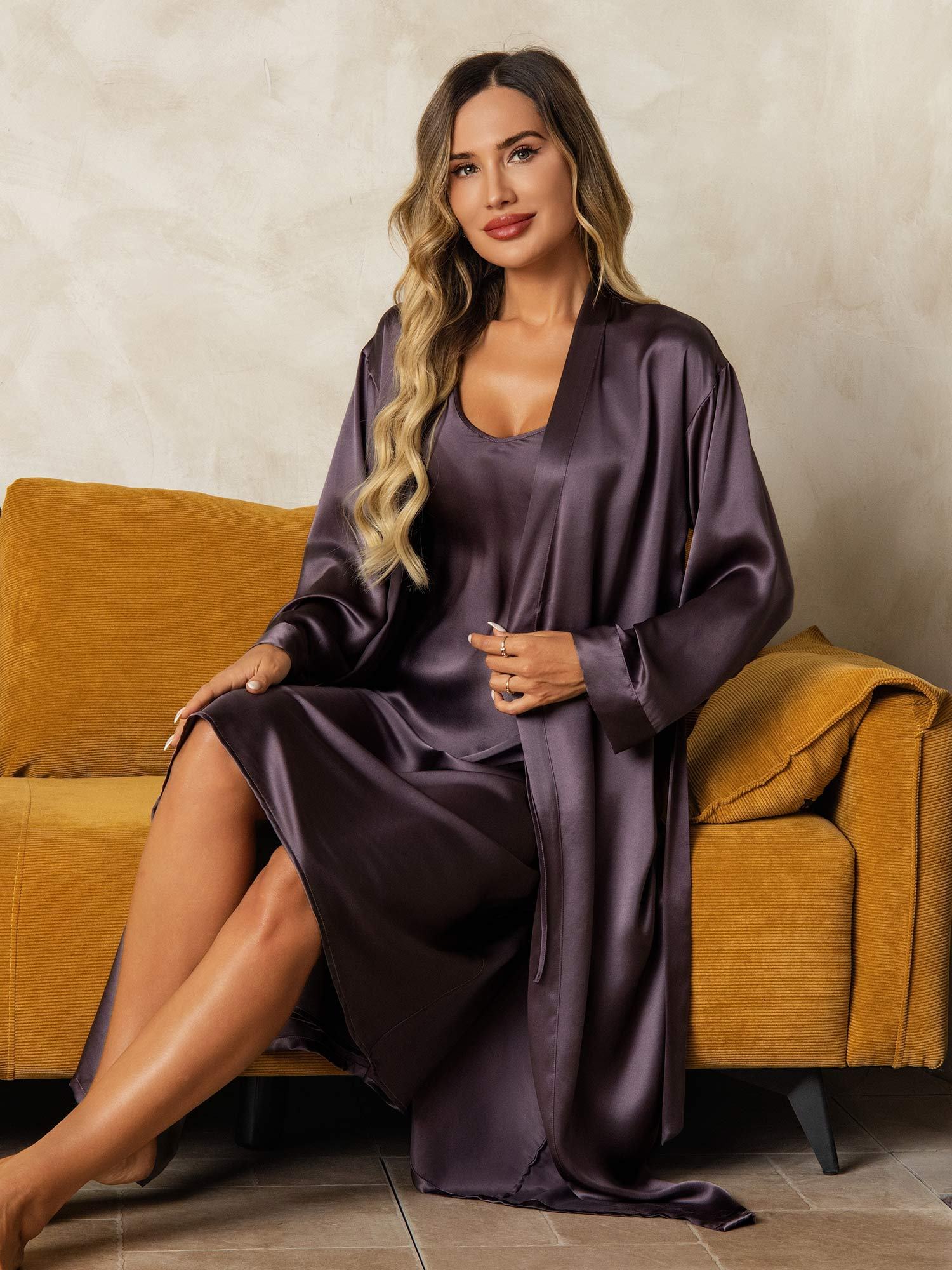[LilaGrå] SilkSilky-SE Rent Silke Nightgown&Robe Set 008