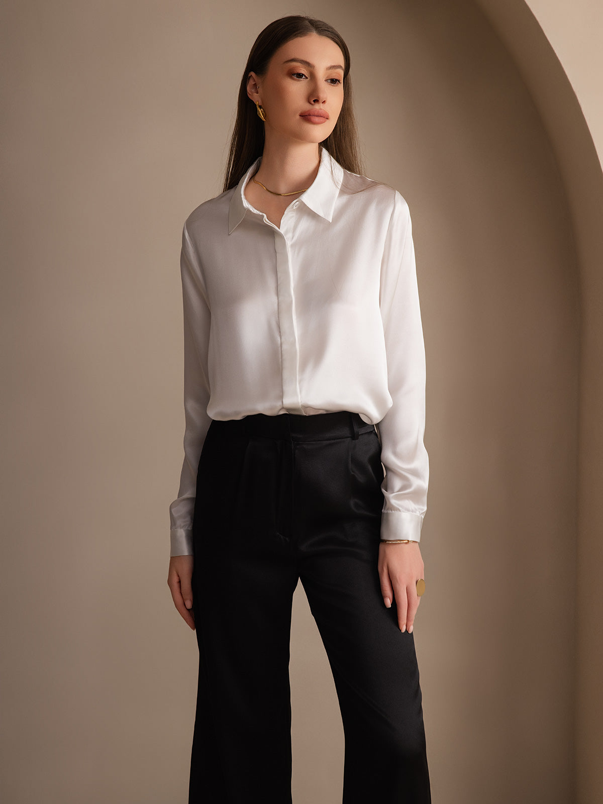 [Vit] SilkSilky-SE 19Momme Silke Lapel Collar Damskjorta 007