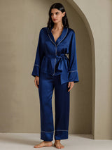 [Mörkblå] SilkSilky-SE Long Sleeve Shawl Collar Dam Pyjama 005
