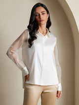 [Vit] SilkSilky-SE 19Momme Silke Krage Damskjorta 004,