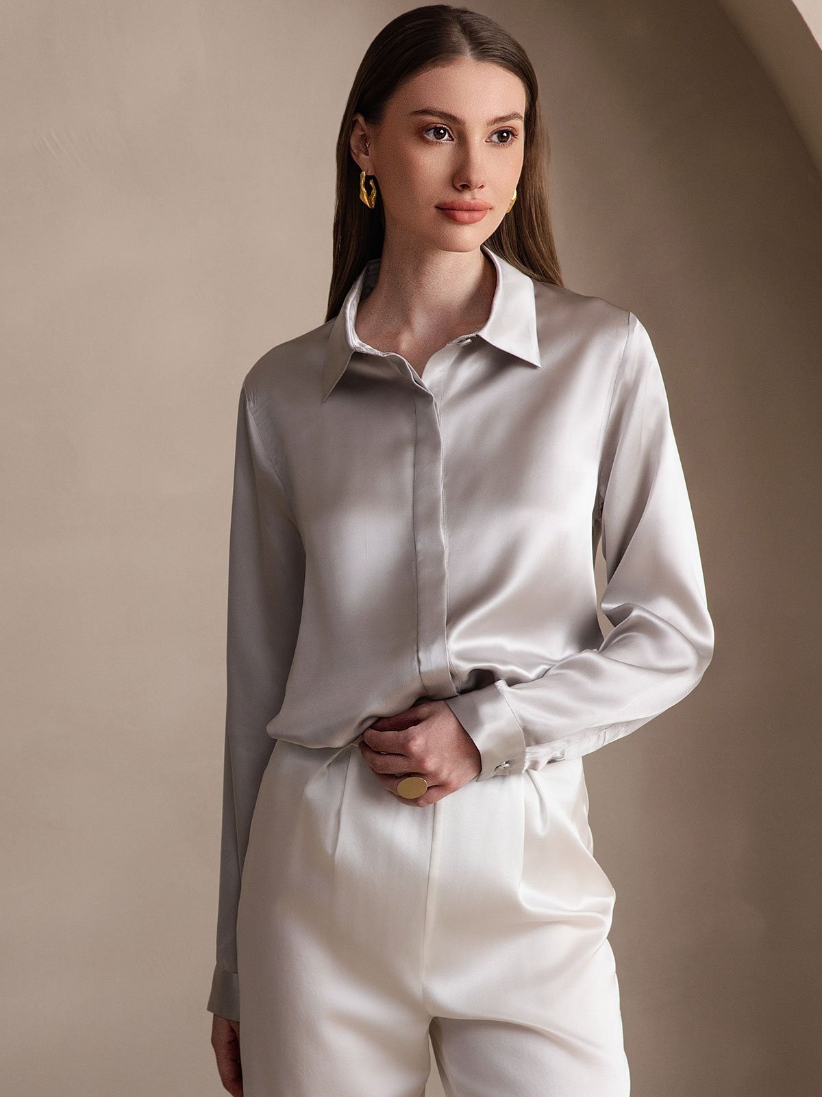 [Ljusgrå] SilkSilky-SE 19Momme Silke Lapel Collar Damskjorta 001