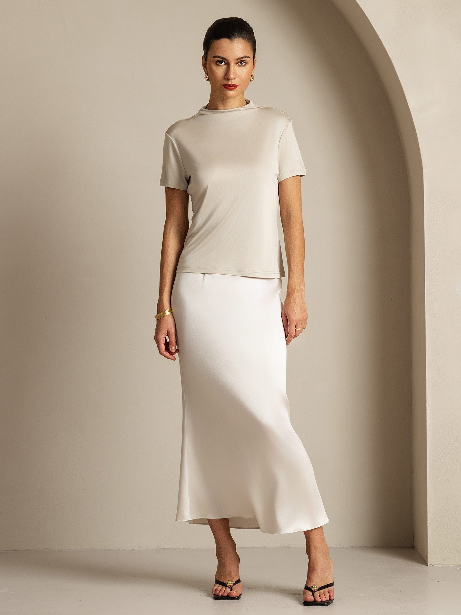 [Grå] SilkSilky-SE Rent Silke Krage Dam T-Shirt 008