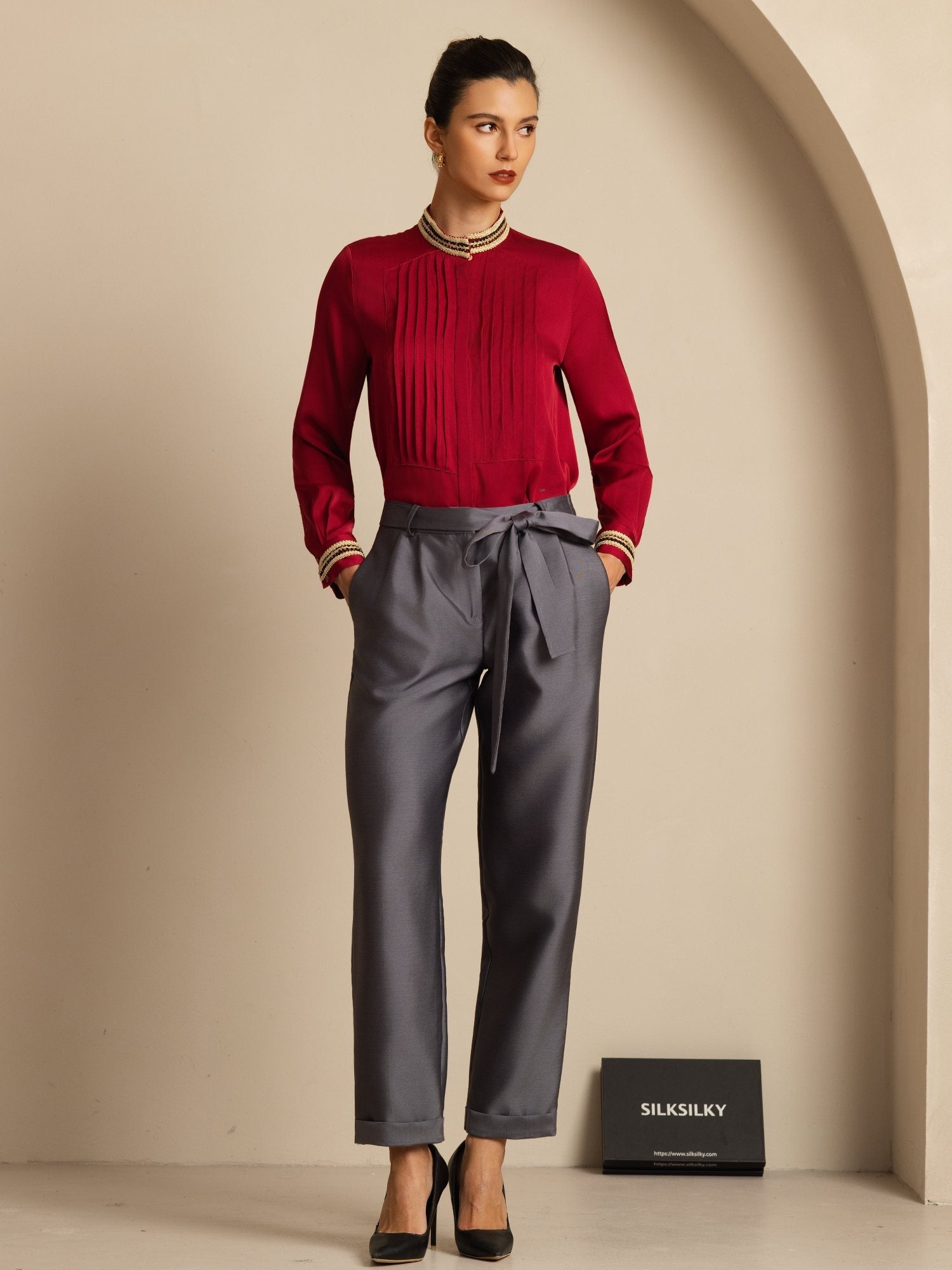 [Vin] SilkSilky-SE 19Momme Silke Lång Ärm Ståkrage Blus 008