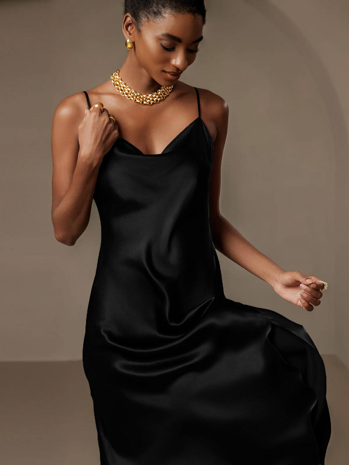 [Svart] SilkSilky-SE 19Momme Rent Silke Dress 006