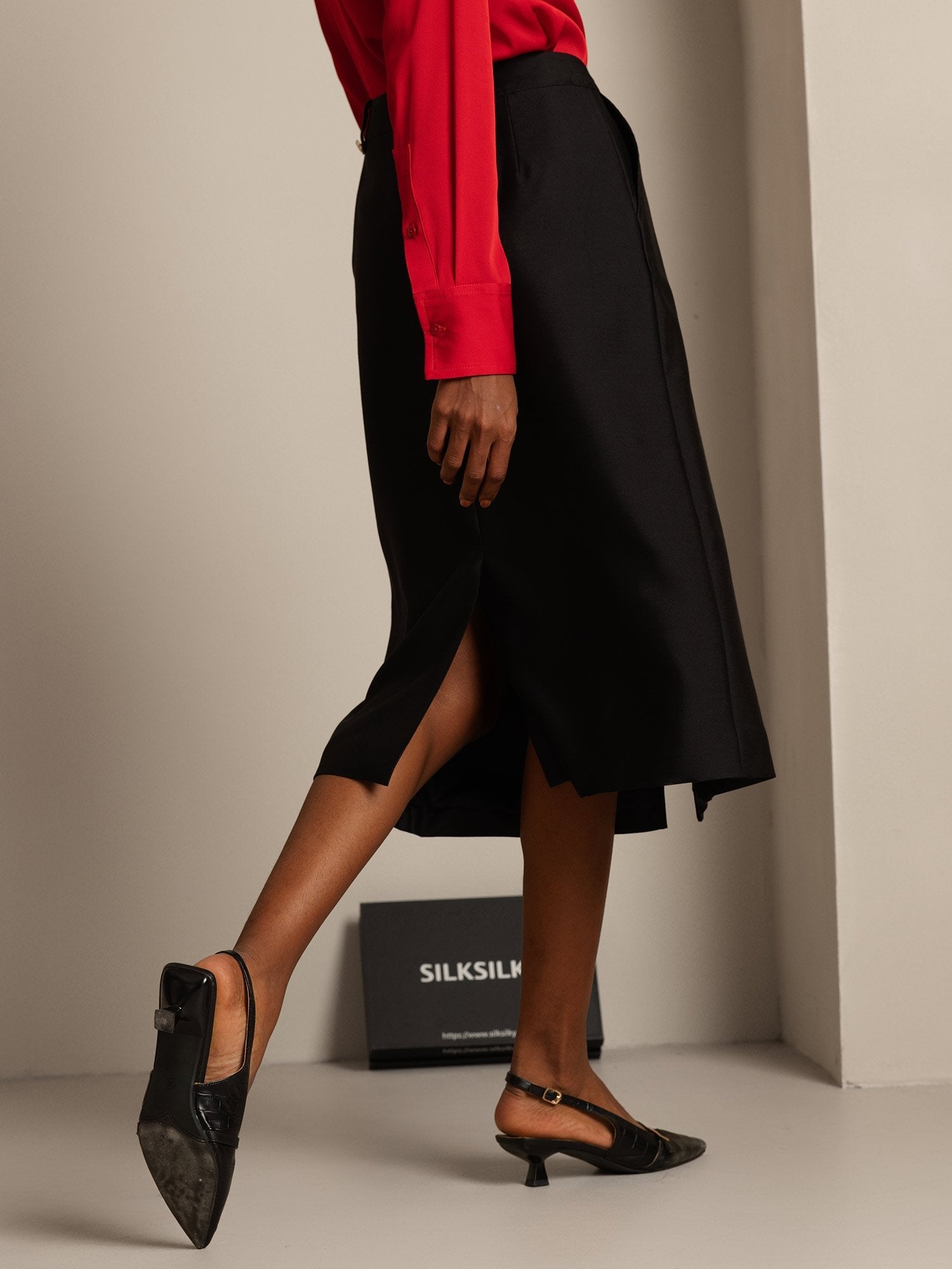 [Svart] SilkSilky-SE 32Momme Silk-Wool Blend Skirt 002,