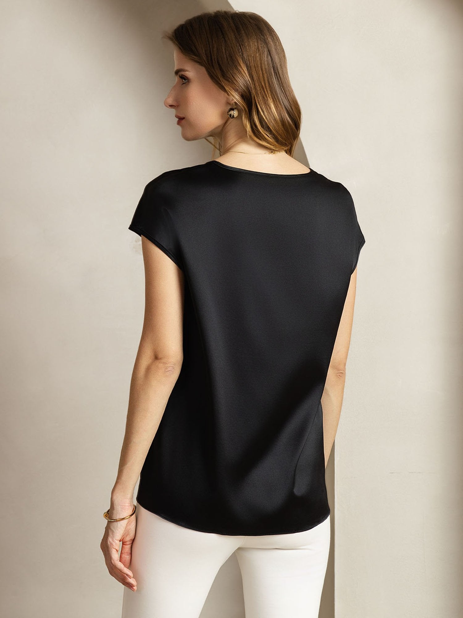 [Svart] SilkSilky-SE 19Momme Silke Womens T-Shirt 002