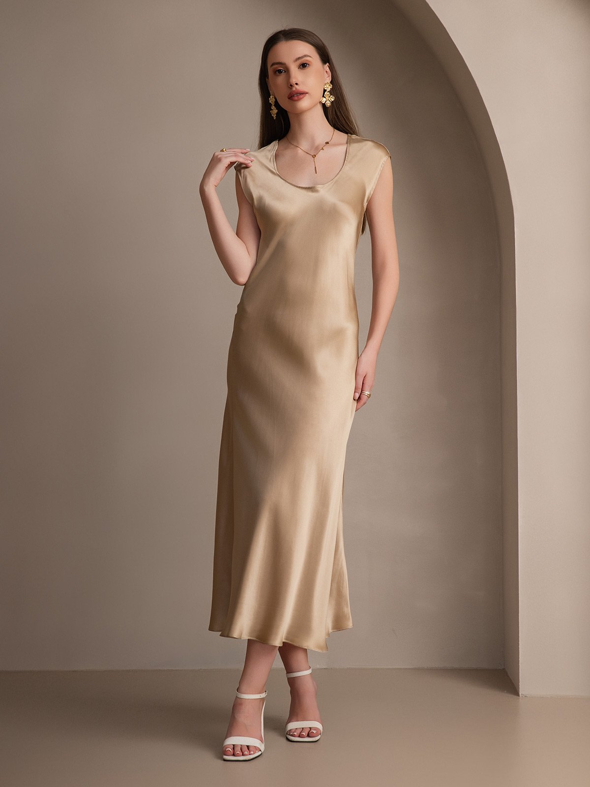 [Champagne] SilkSilky-SE 19Momme Silke Ärmlös Dress 003