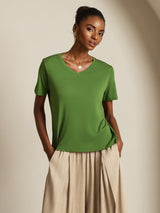 [Grön] SilkSilky-SE Short Sleeve V Neck Dam T-Shirt 001