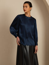 [Mörkblå] SilkSilky-SE 19Momme Long Sleeve Round Neck Blus 005