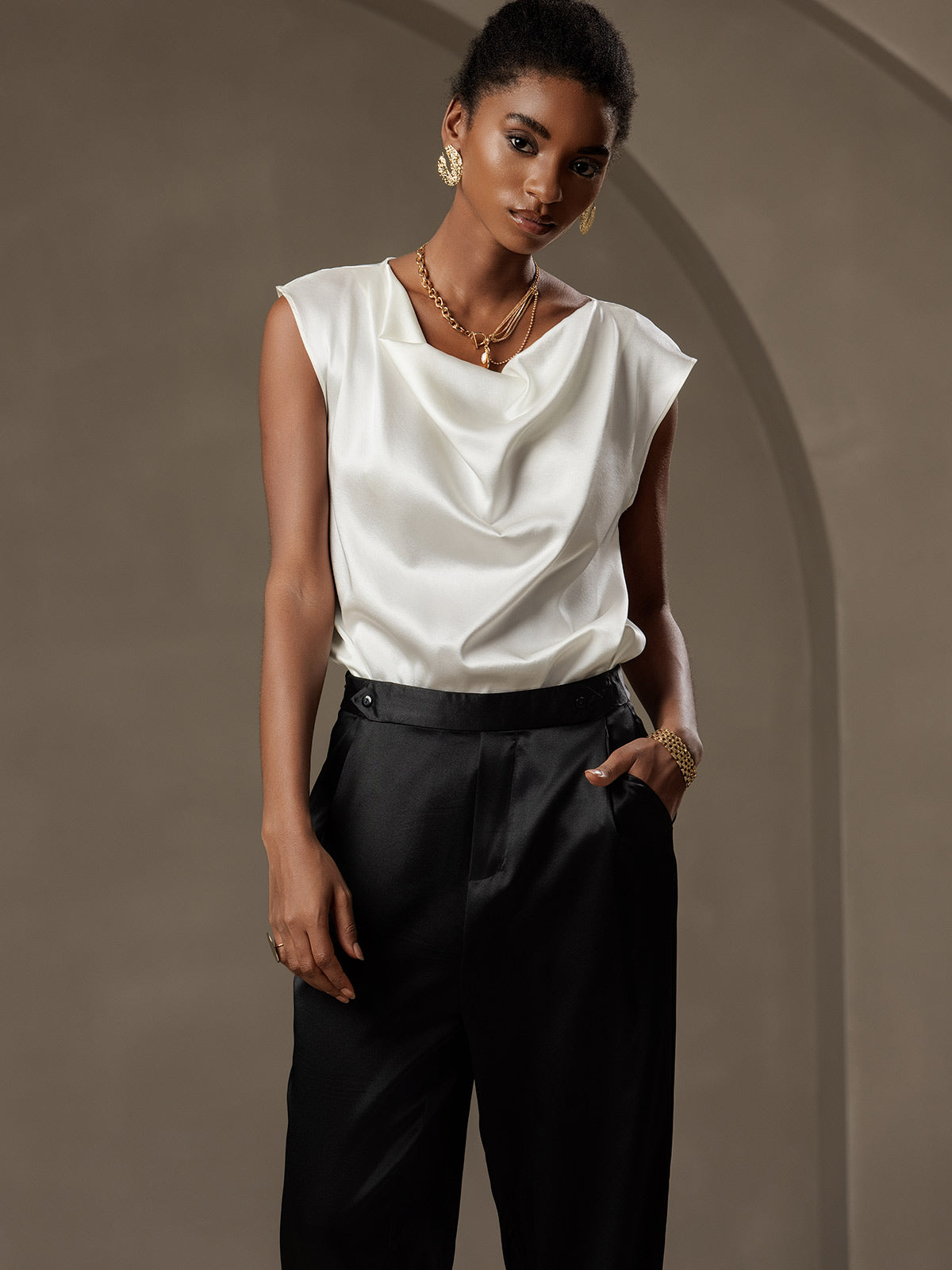 [Svart] SilkSilky-SE 19Momme Silke Womens Pants 005