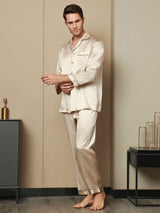 [Tan] SilkSilky-SE Rent Silke Lång Ärm Slag Herr Pyjama 002