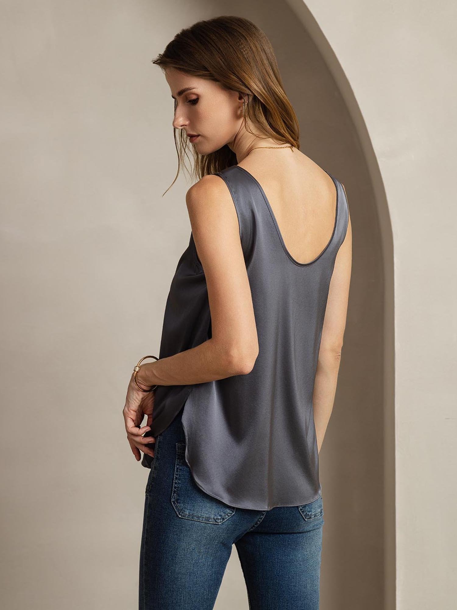 [Mörkgrå] SilkSilky-SE 19Momme Silke Womens T-Shirt 003