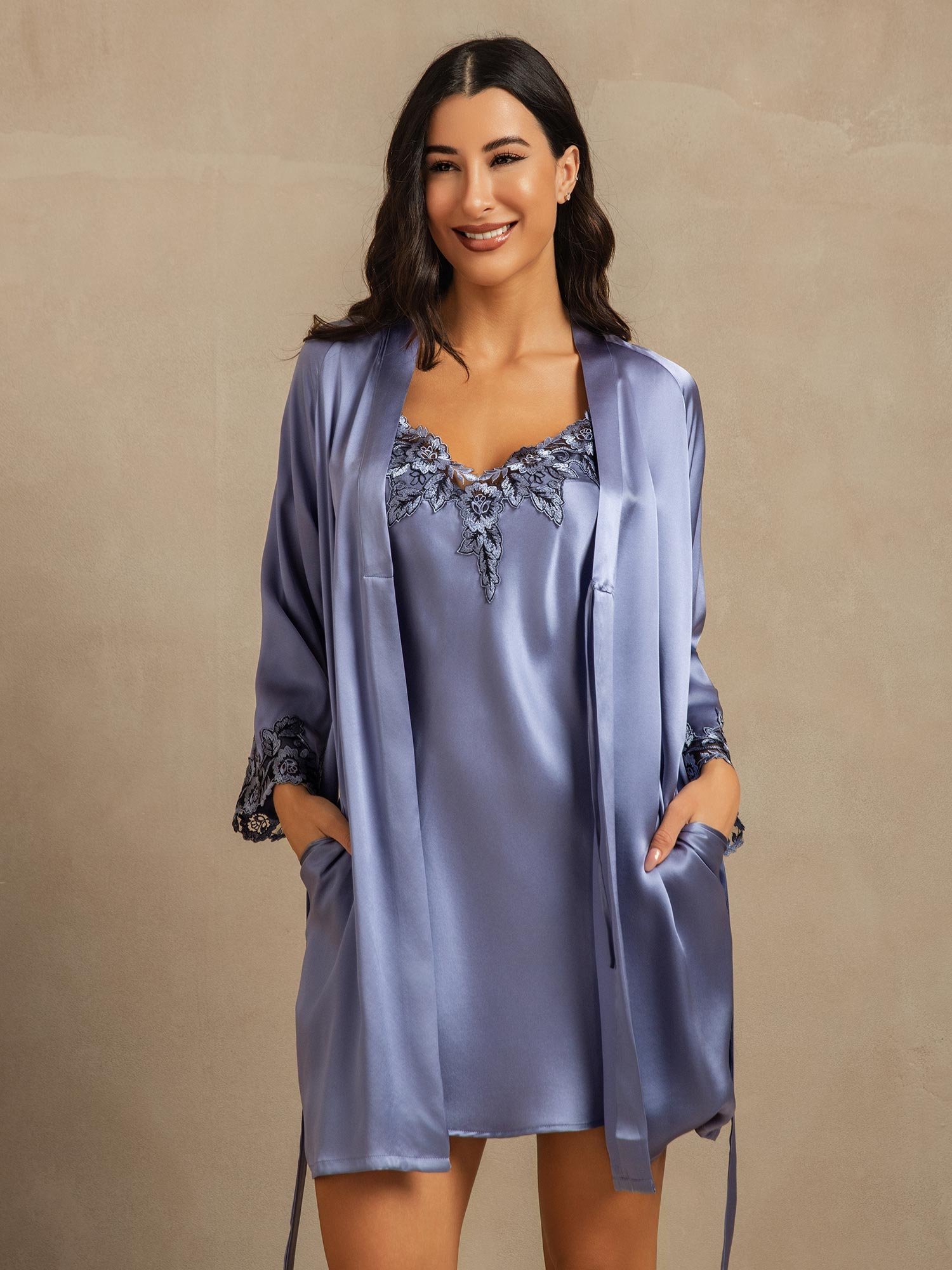 [Stålblå] SilkSilky-SE 3/4 Ärm Nightgown&Robe Set 007