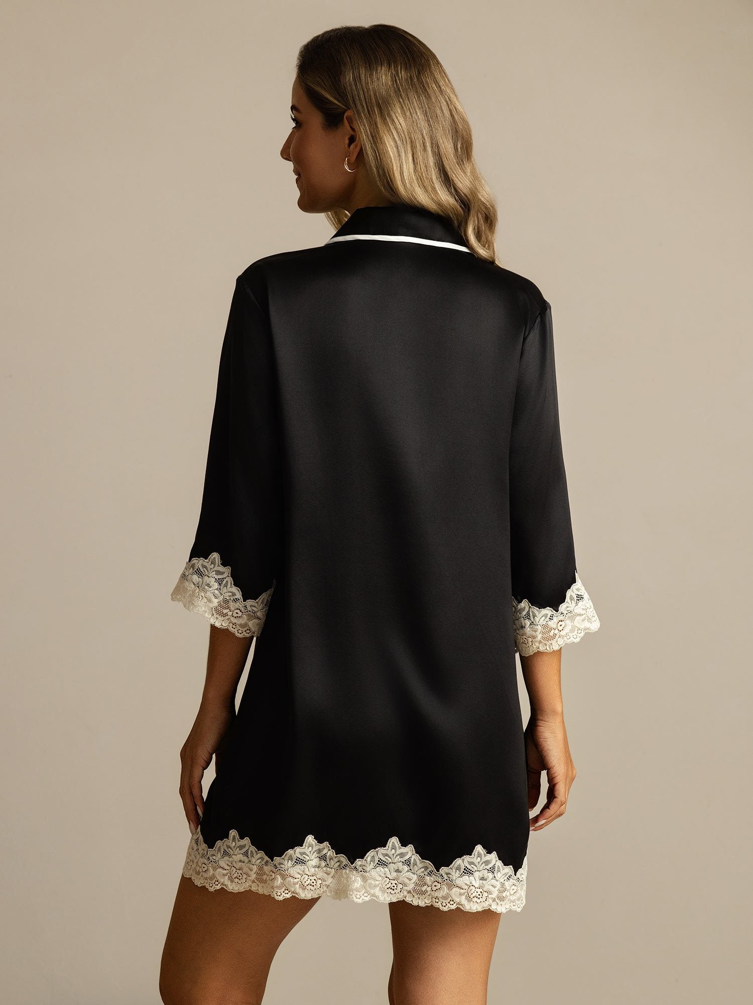 [Svart] SilkSilky-SE Rent Silke Krage Dam Sömnskjorta 002