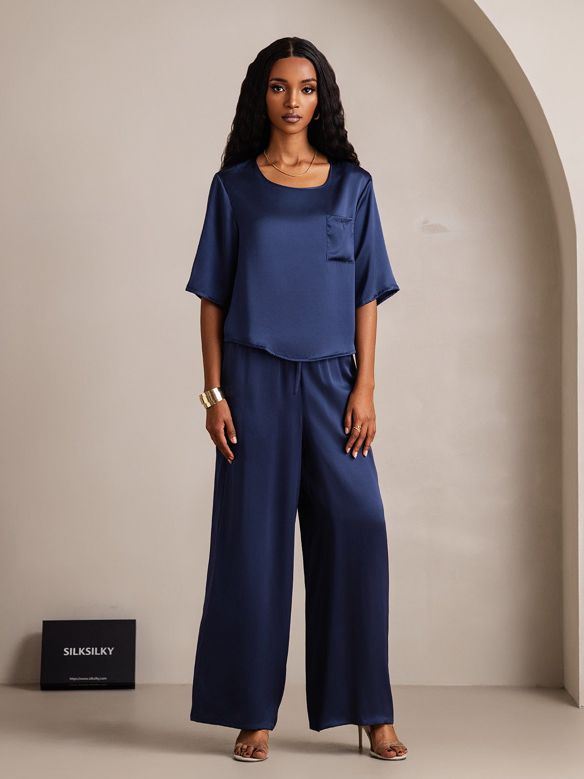[Mörkblå] SilkSilky-SE Rent Silke Womens Pajamas 005