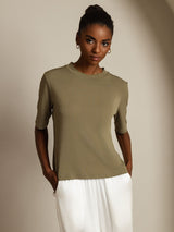 [Bränd Oliv] SilkSilky-SE Half Sleeve Crewkrage Dam T-Shirt 003