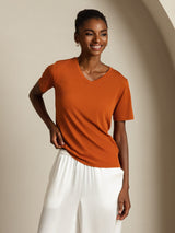 [Orange] SilkSilky-SE Short Sleeve V Neck Dam T-Shirt 007