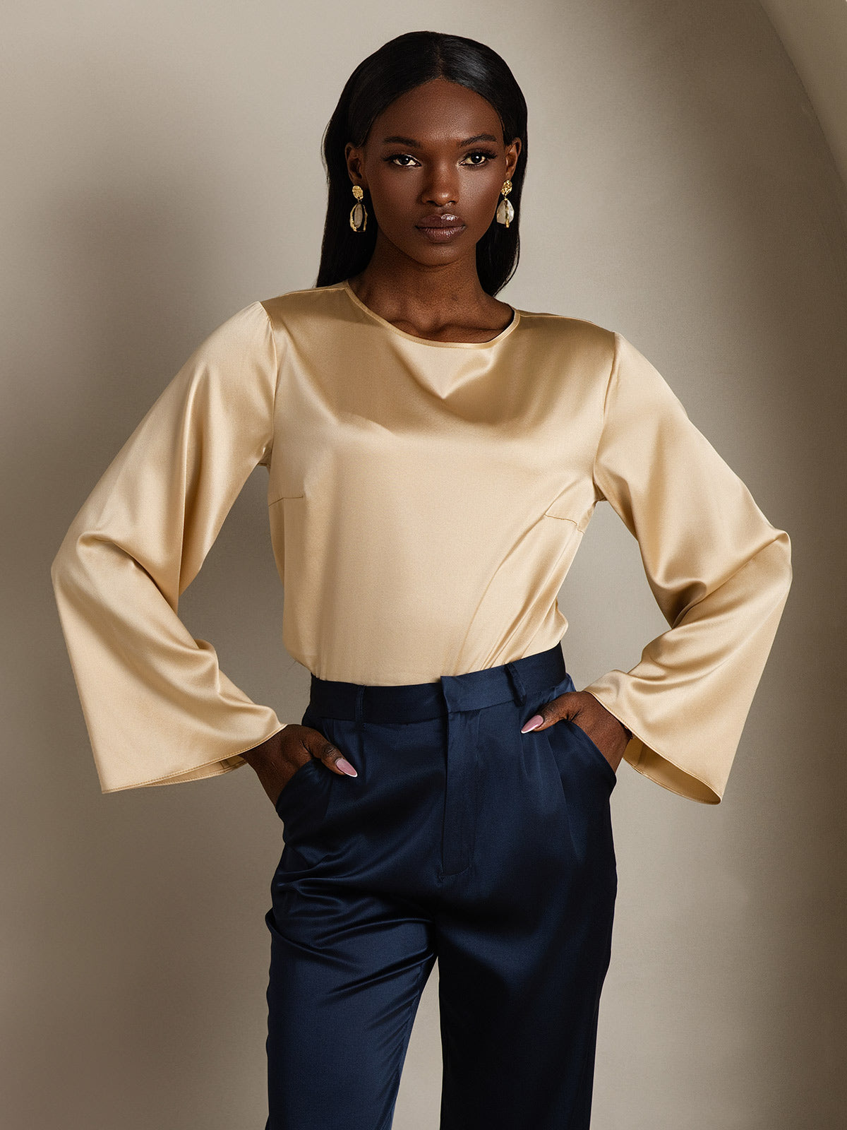 [Champagne] SilkSilky-SE 19Momme Silke Womens T-Shirt 002,