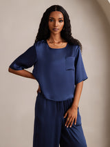 [Mörkblå] SilkSilky-SE Half Sleeve Round Neck Dam Pyjama 007