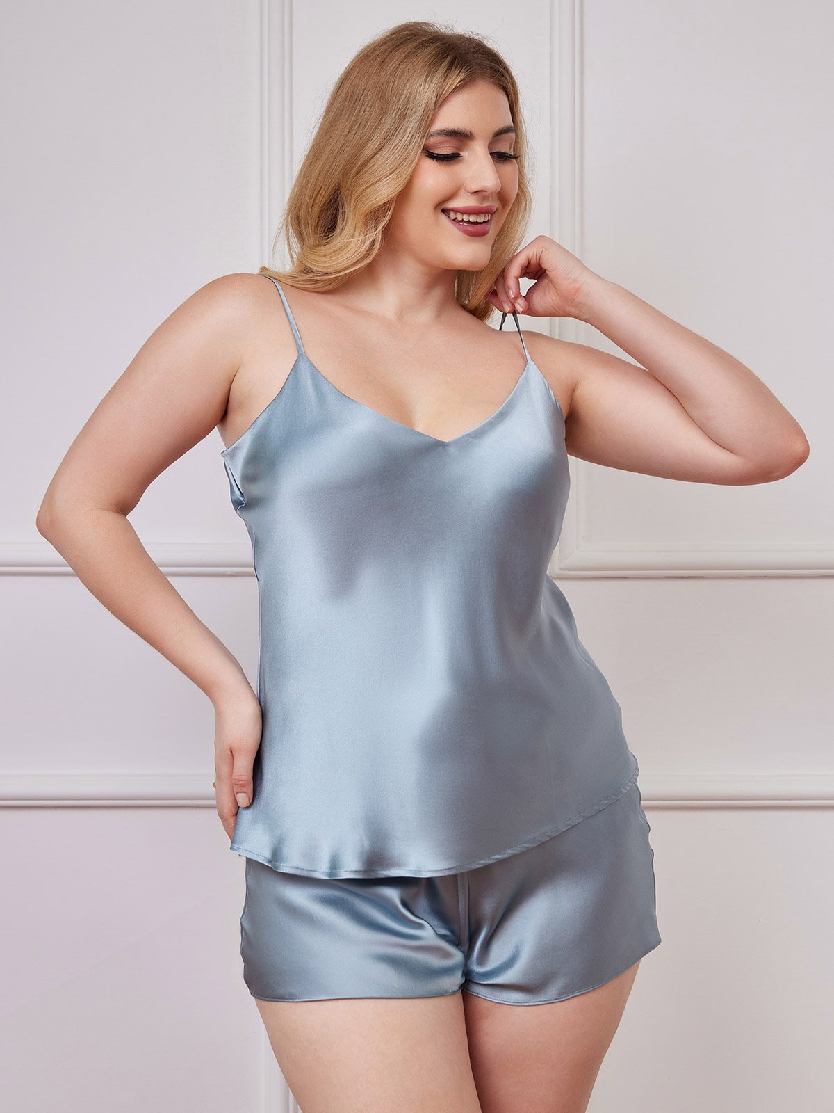 SilkSilky-SE Rent Silke V-Hals Plus Storlek Camisole Set Gråblå 005