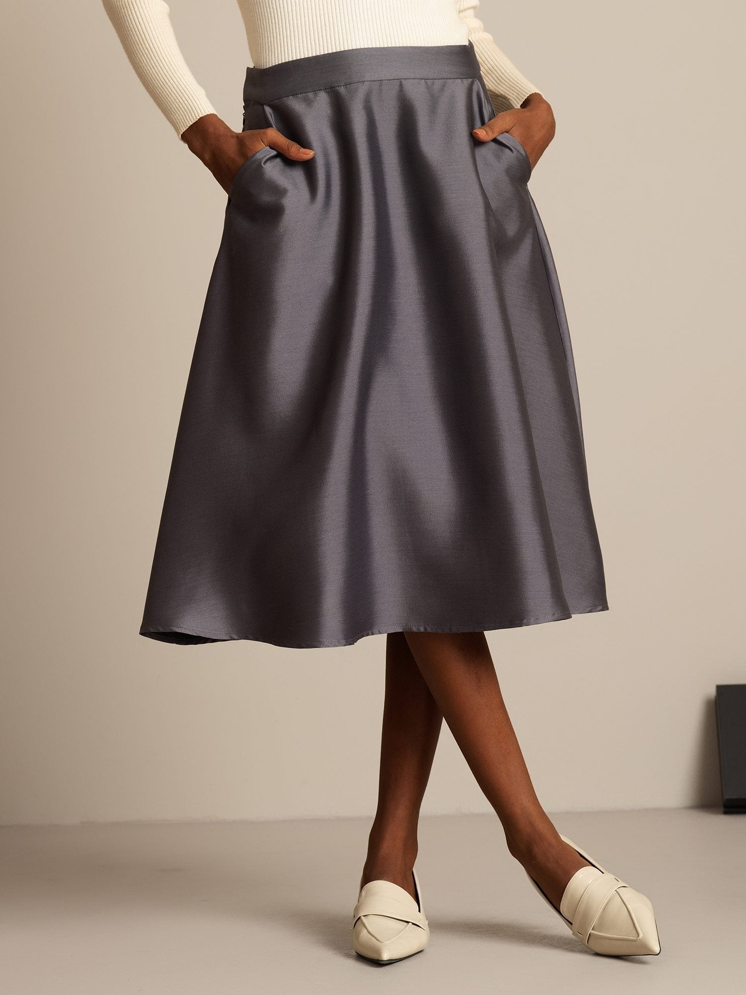 [Grå] SilkSilky-SE 32Momme Silk-Wool Blend Skirt 001,