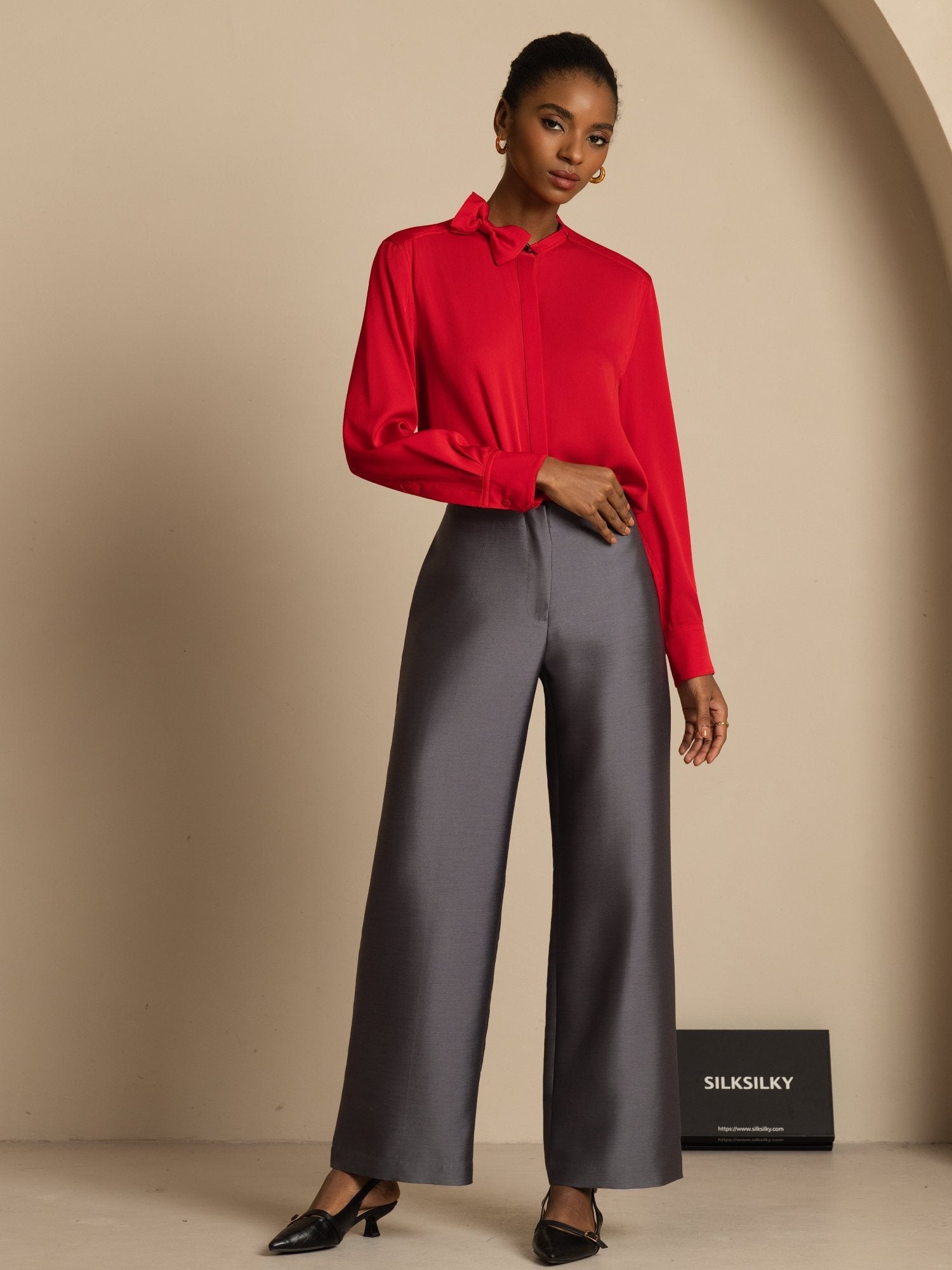 [Vin] SilkSilky-SE 19Momme Silke Lång Ärm Ståkrage Blus 008