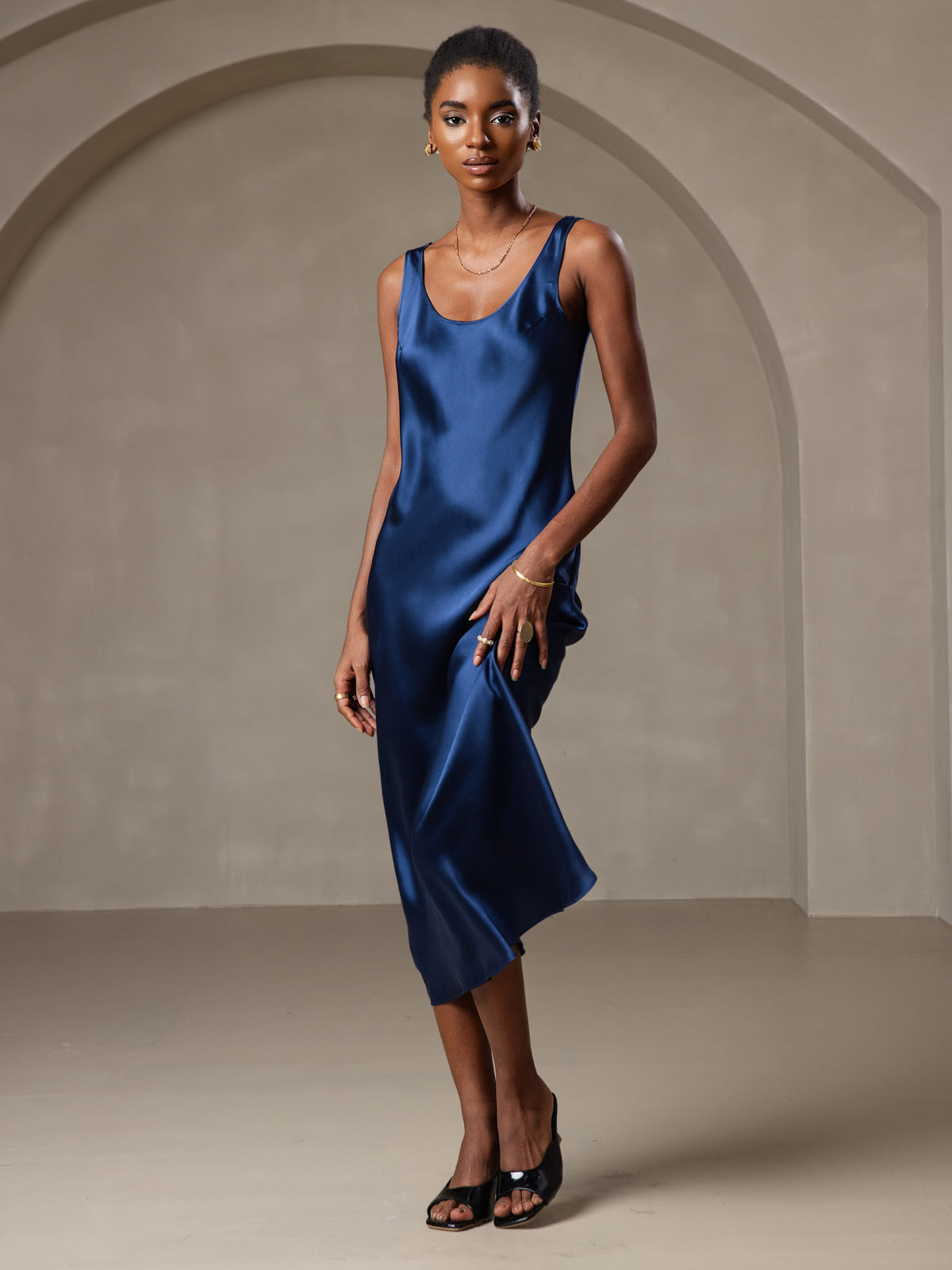 [Mörkblå] SilkSilky-SE Rent Silke Dress 006,