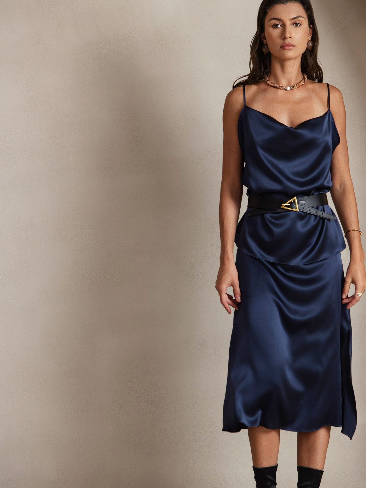 [Mörkblå] SilkSilky-SE 19Momme Spaghetti Rem Cowl Halsringning Cami Toppar 003