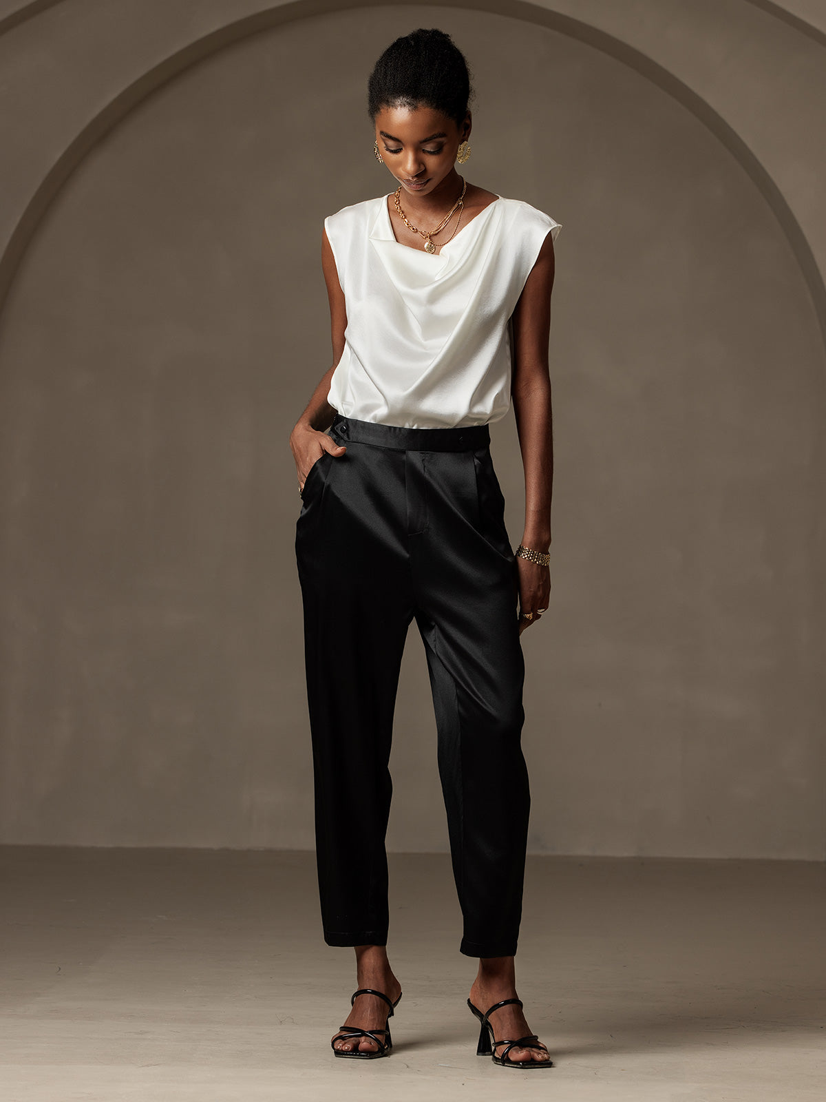 [Svart] SilkSilky-SE 19Momme Silke Womens Pants 001