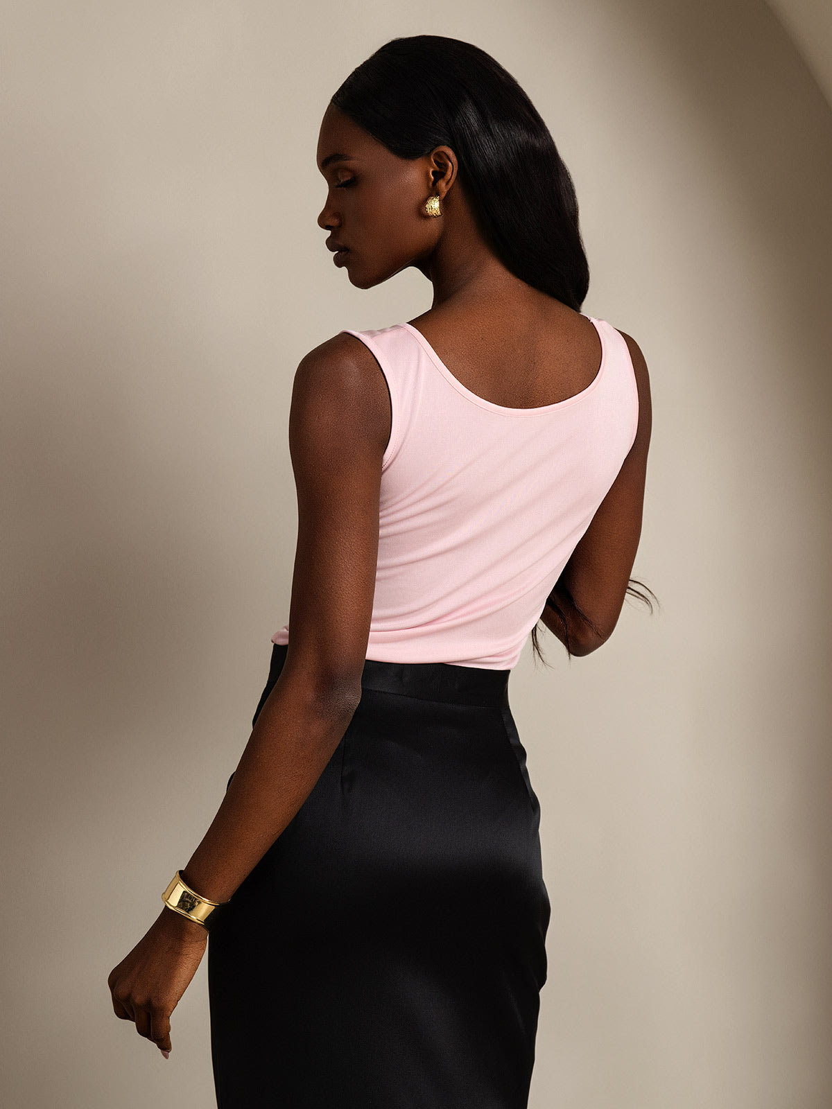 [Rosa] SilkSilky-SE Silke Stickad Ärmlös Round Neck Dam T-Shirt 002