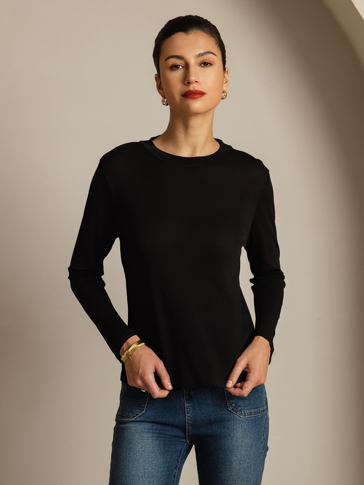 [Svart] SilkSilky-SE Rent Silke Womens T-Shirt 007