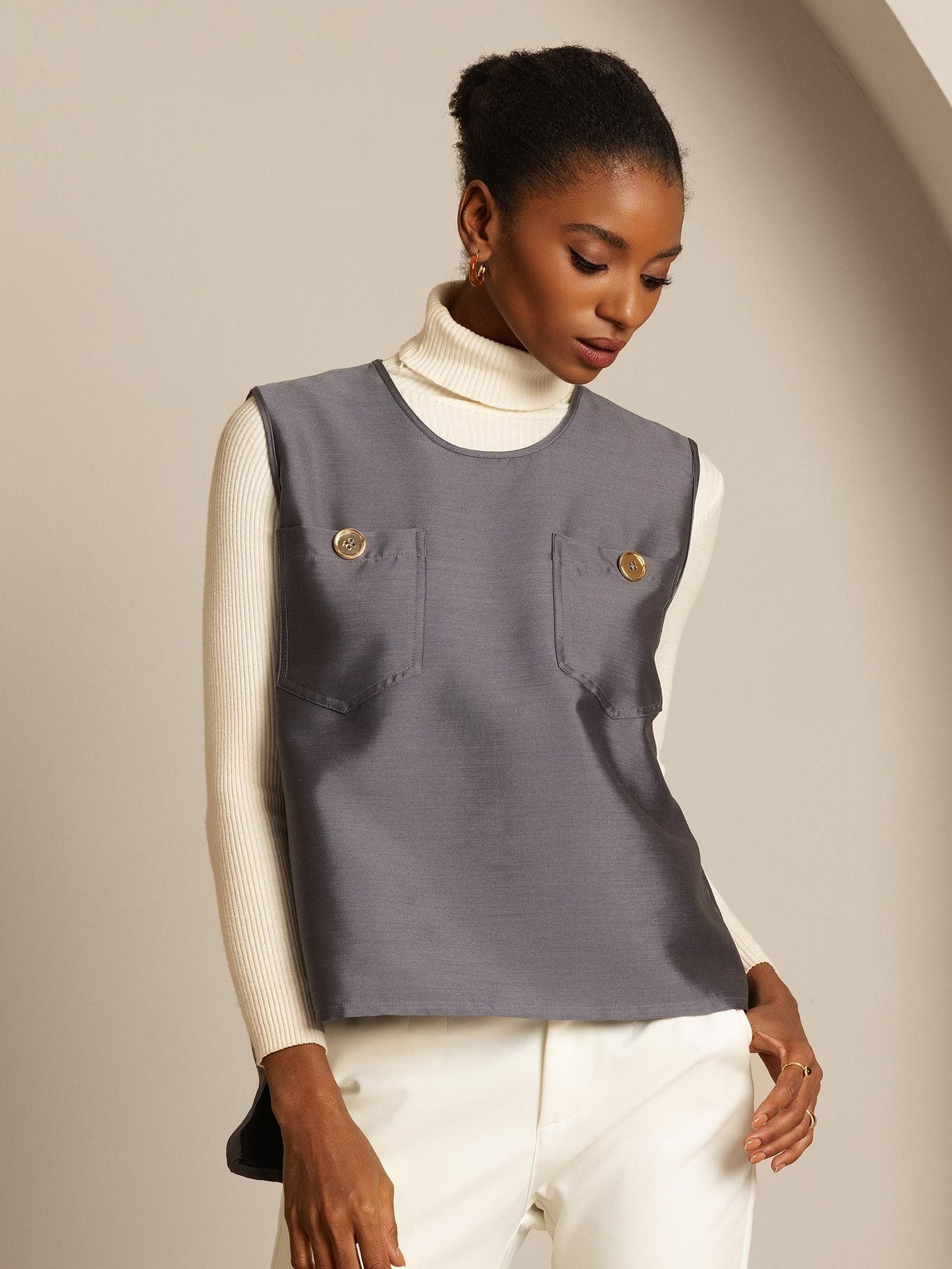 [Grå] SilkSilky-SE 32Momme Silk-Wool Blend Womens Vest 006,