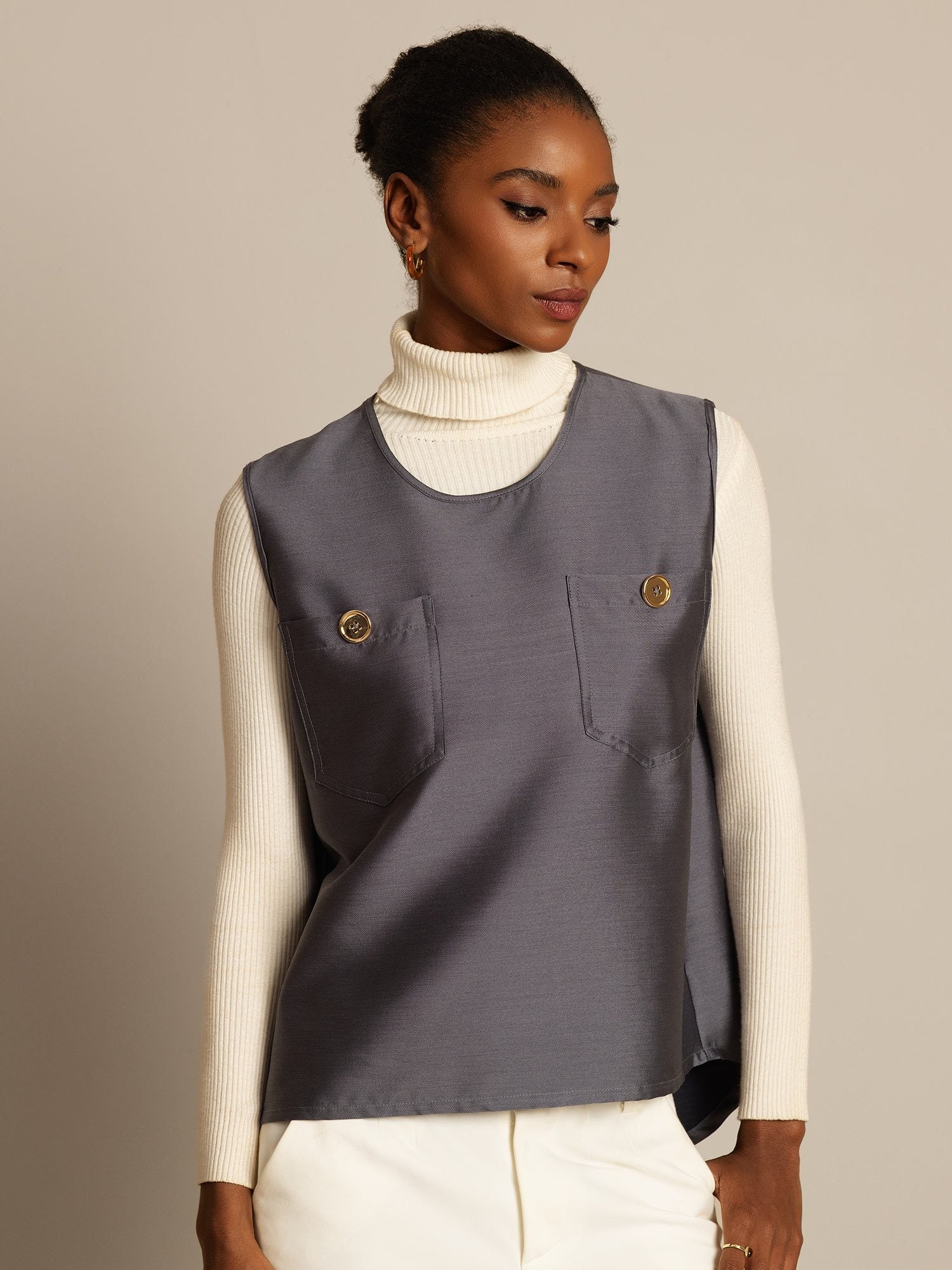 [Grå] SilkSilky-SE 32Momme Silk-Wool Blend Womens Vest 004,