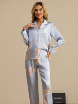 [Ljusblå] SilkSilky-SE Long Sleeve Lapel Collar Dam Pyjama 006