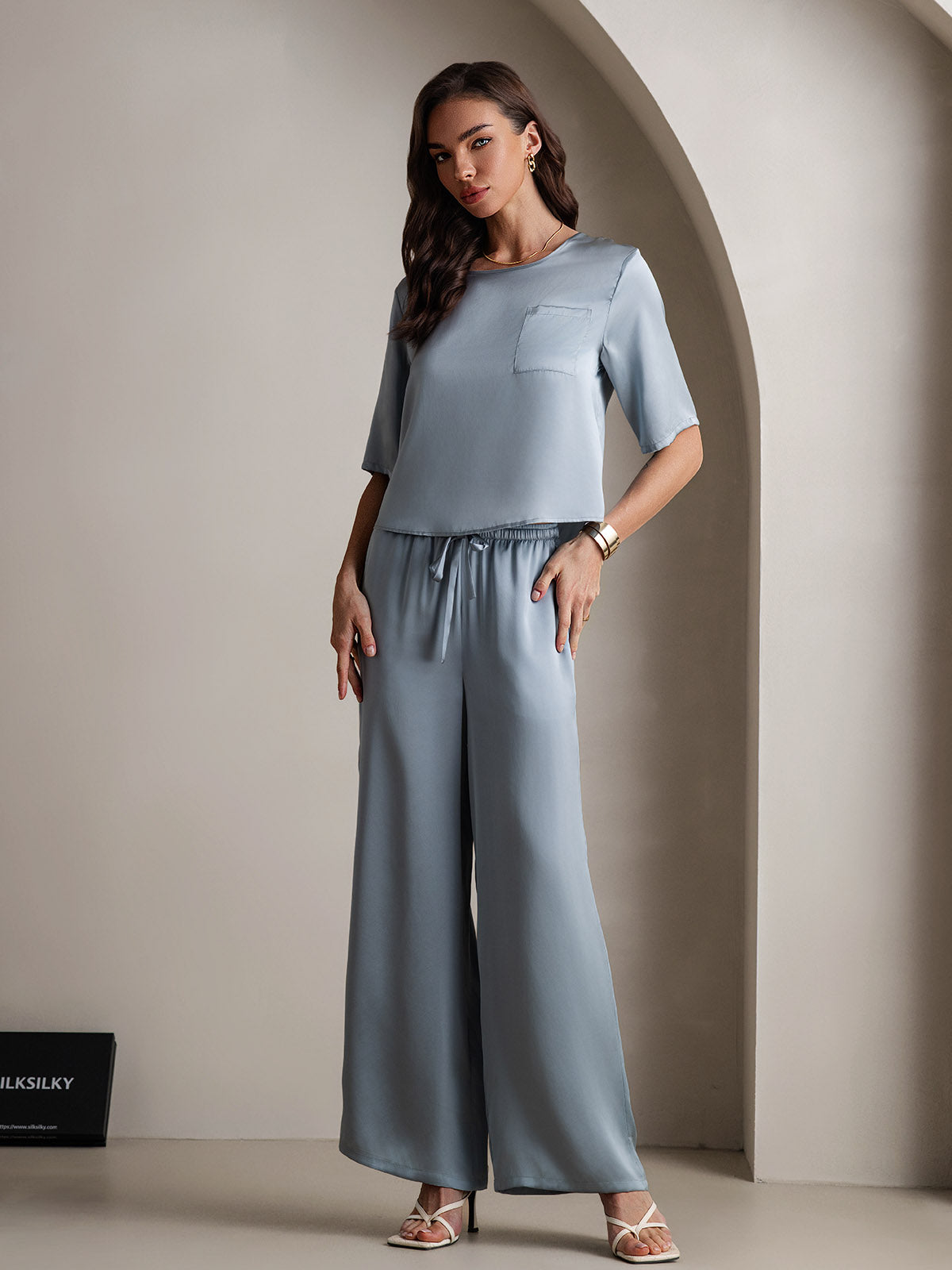 [Gråblå] SilkSilky-SE Rent Silke Womens Pajamas 005