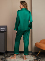 [Grön] SilkSilky-SE Long Sleeve Lapel Collar Dam Pyjama 002
