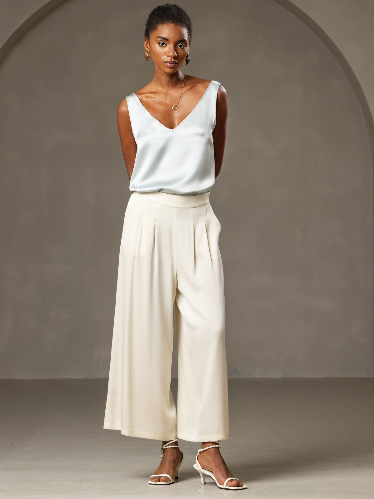 [Ljusblå] SilkSilky-SE 19Momme Ärmlös V Ringning Cami Toppar 008