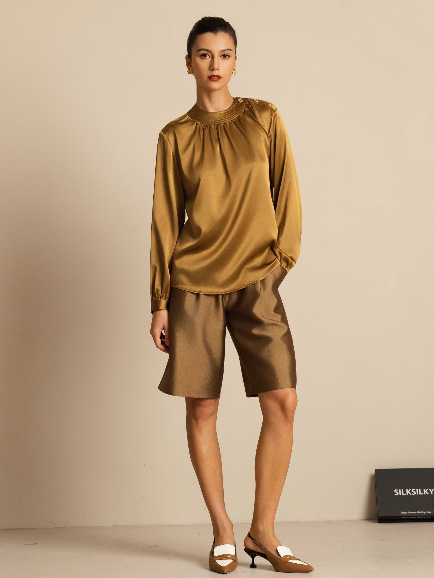 [Brons] SilkSilky-SE 19Momme Silke Lång Ärm Rund Halsringning Blus 006