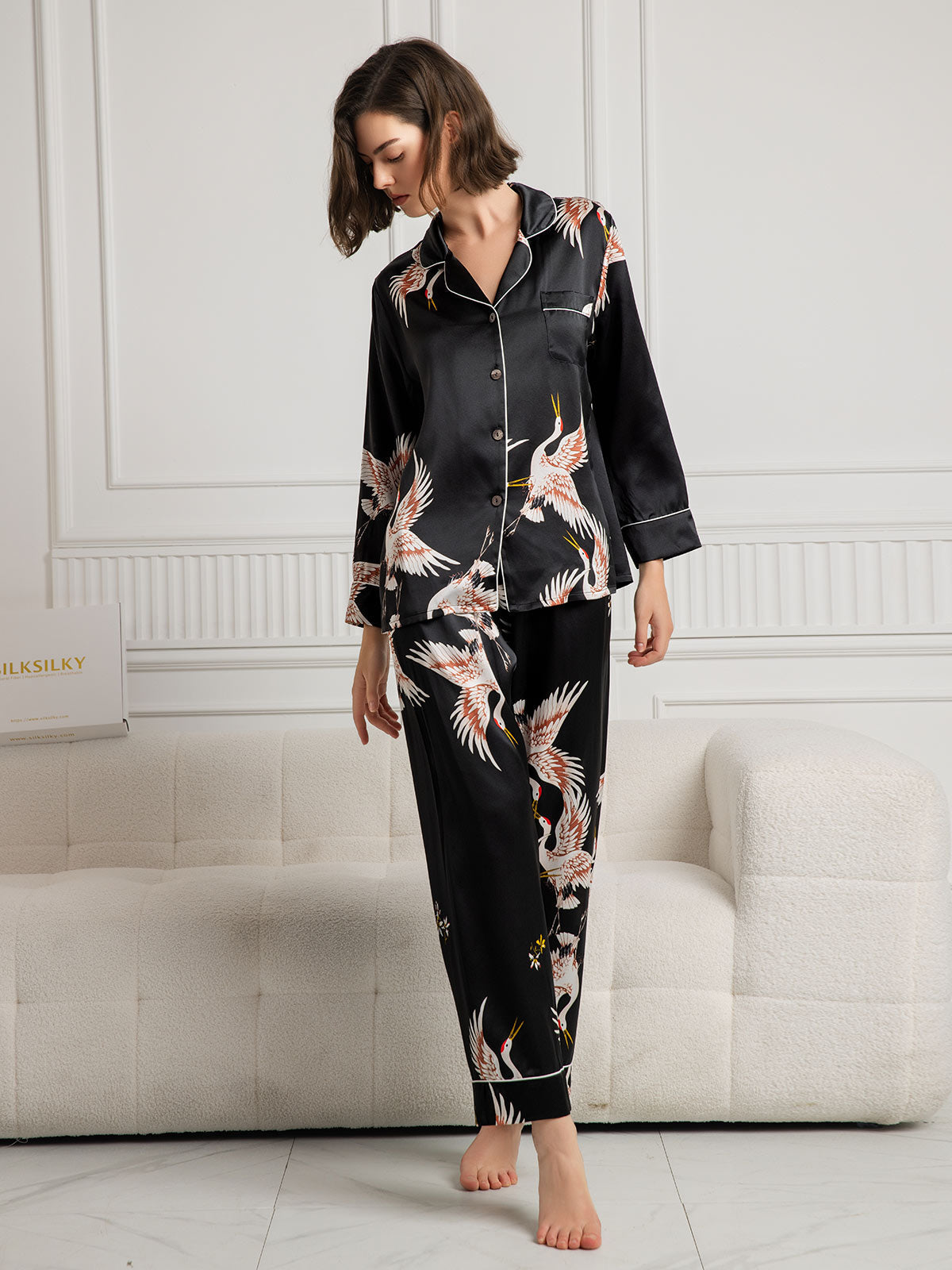 [Svart] SilkSilky-SE 19Momme Rent Silke Womens Pajamas 004