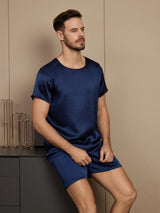 [Mörkblå] SilkSilky-SE Rent Silke Kort Ärm Round Neck Herr Pyjama 004