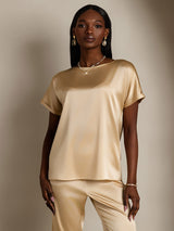 [Champagne] SilkSilky-SE 19Momme Kort Ärm Båtringad Dam T-Shirt 001