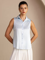 [Ljusblå] SilkSilky-SE Sleeveless Lapel Collar Damskjorta 003