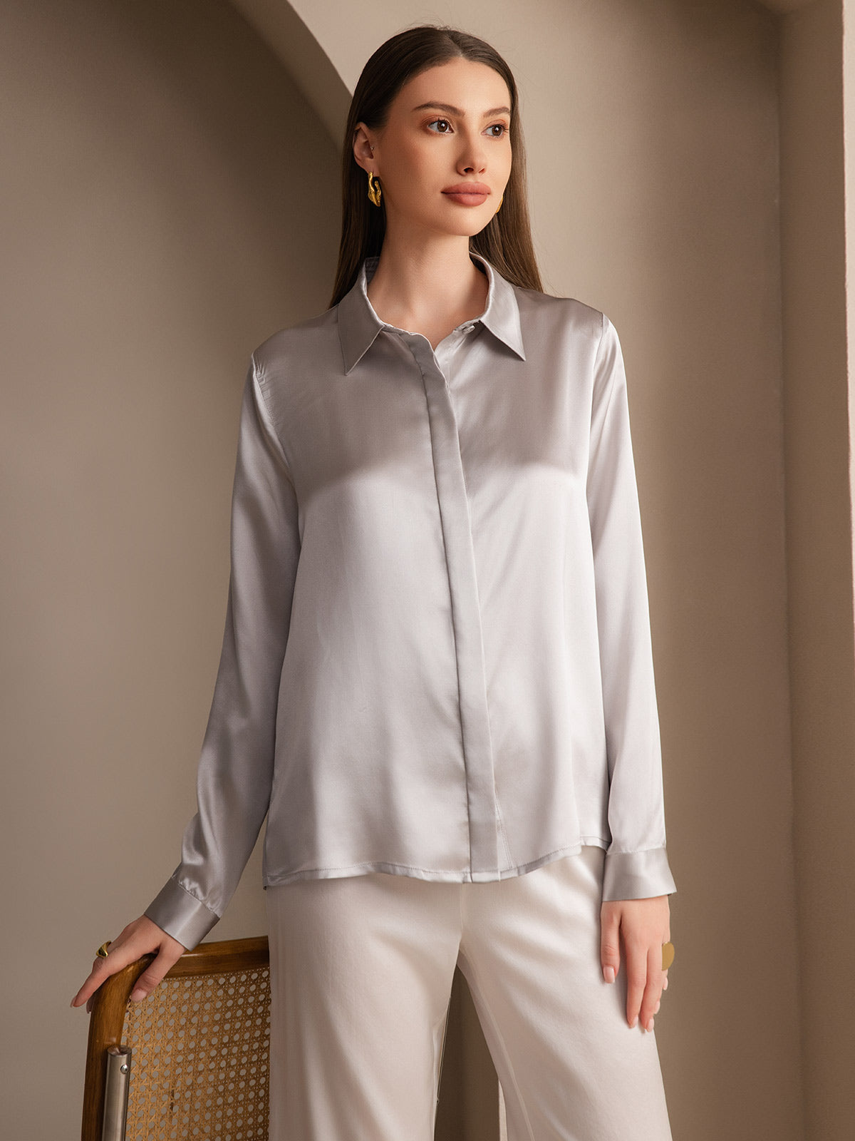 [Ljusgrå] SilkSilky-SE 19Momme Silke Lapel Collar Damskjorta 001
