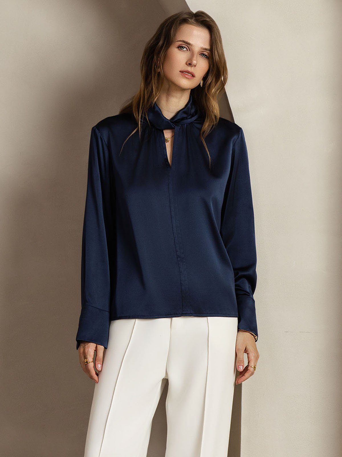 [Mörkblå] SilkSilky-SE 19Momme Silke Womens Shirt 005