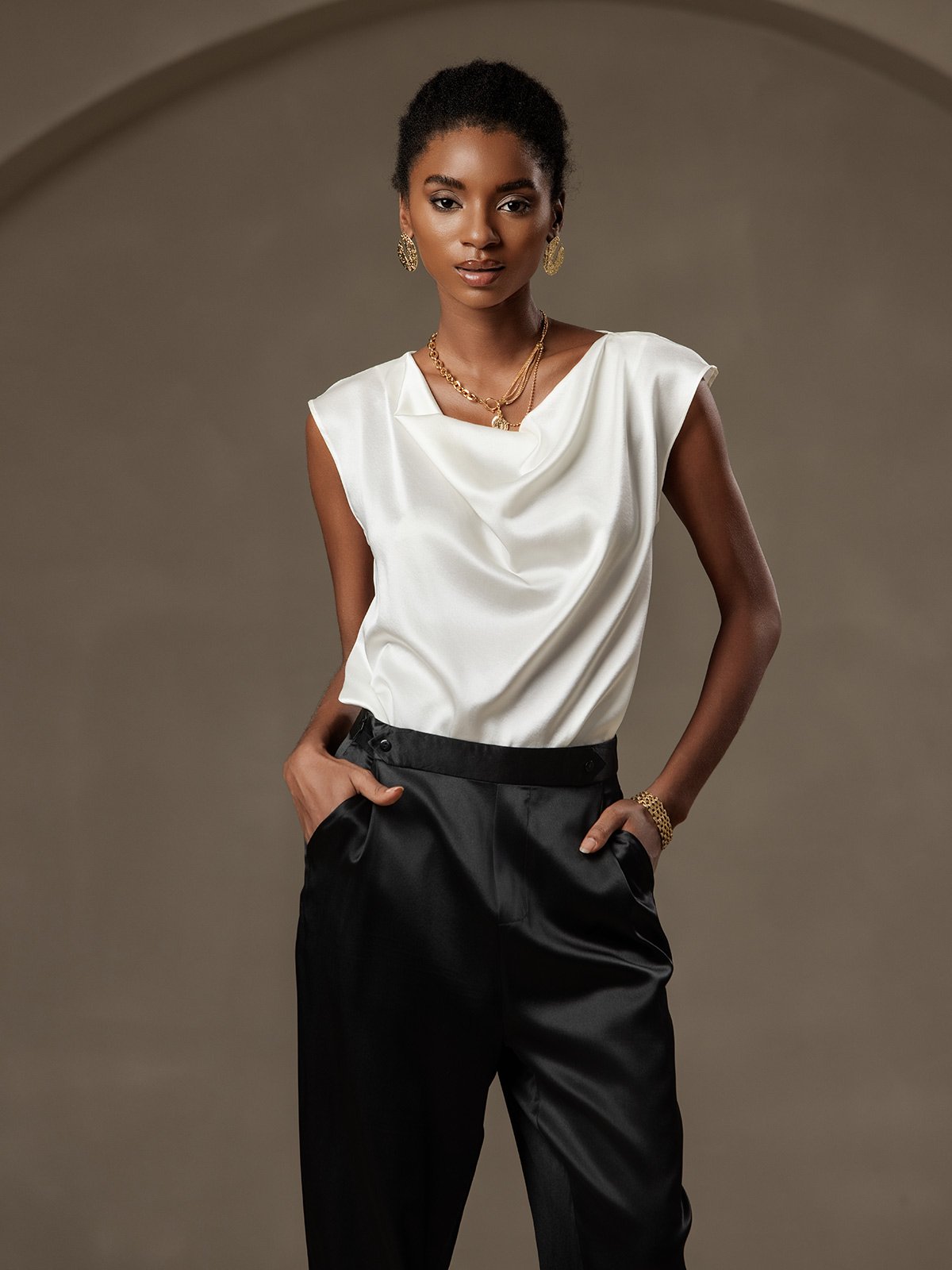 [Vit] SilkSilky-SE 19Momme Silke Ärmlös Womens T-Shirt 003