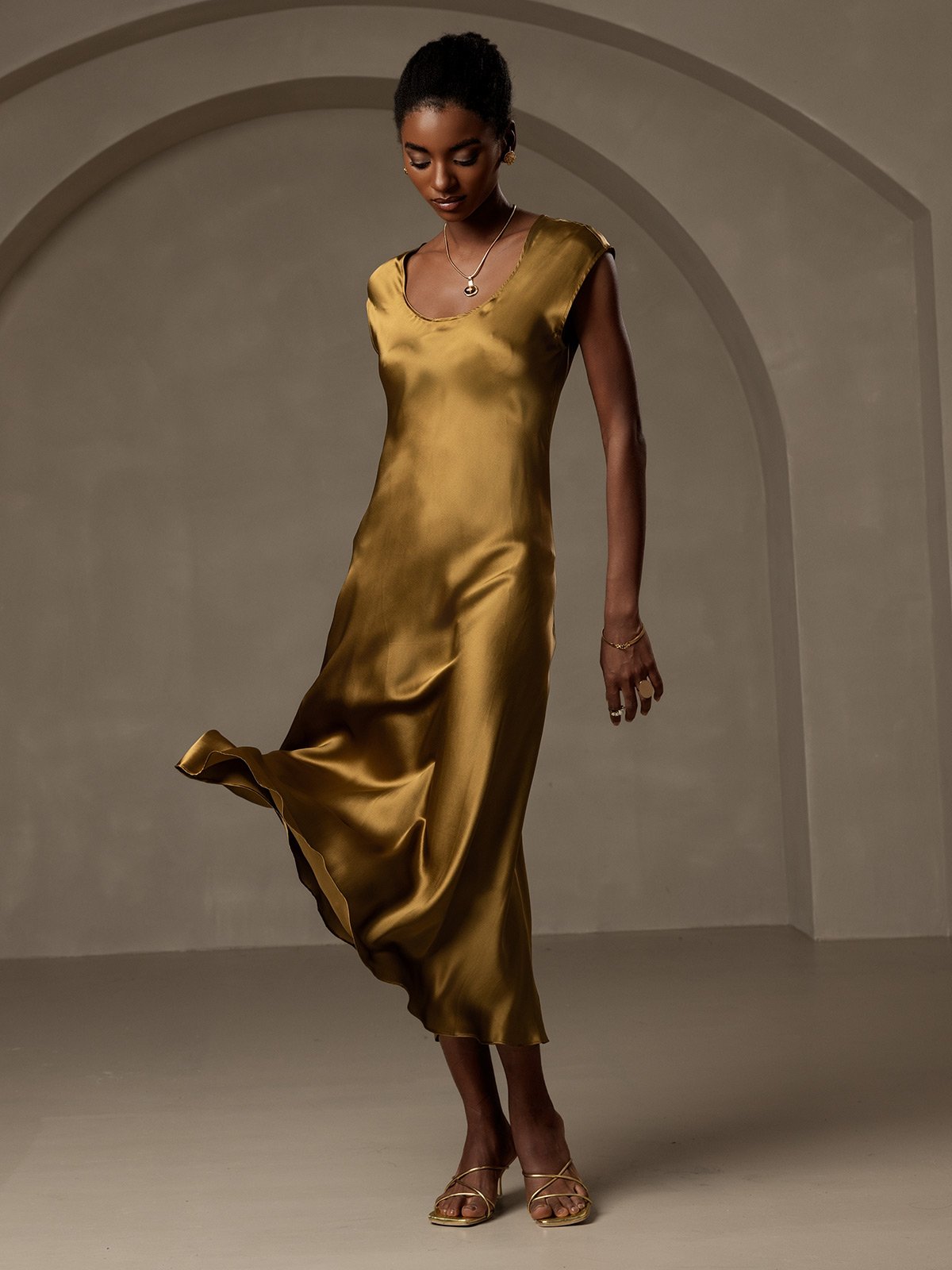 [Brun] SilkSilky-SE 19Momme Silke Ärmlös Dress 005