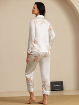 [Vit] SilkSilky-SE 19Momme Lång Ärm Notchkrage Dam Pyjama 002