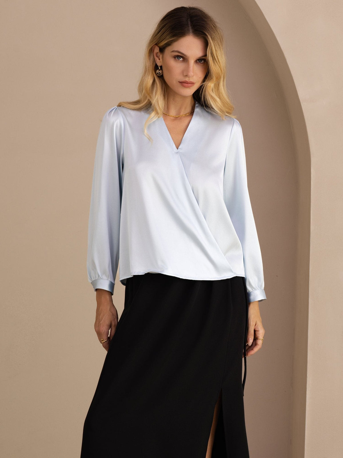 [Ljusblå] SilkSilky-SE Long Sleeve Damblusar 001