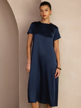 [Mörkblå] SilkSilky-SE Short Sleeve Round Neck Klänning 005